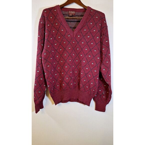 Vintage 90's V-Neck Sweater Men's L Wool Blend Thick Knit Grandpa Cosby Preppy - Picture 1 of 4